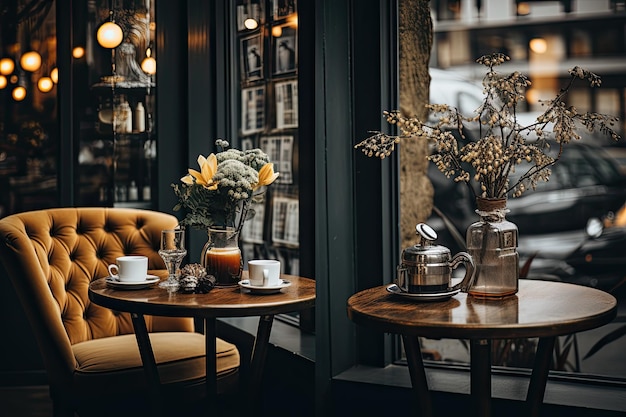 Фото Уютное современное кафе с деревянным интерьером, большими окнами и атмосферой, чтобы показать лучшие кофейные заведения в городе.