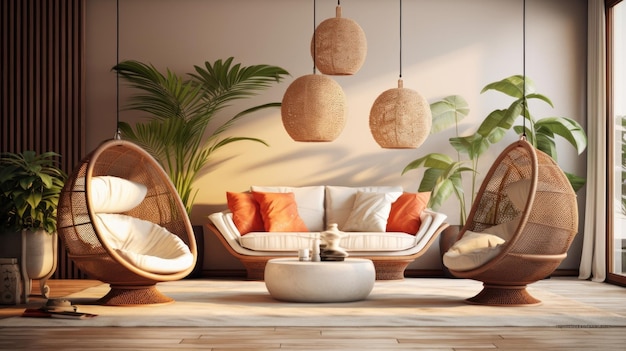 Cozy modern living room interior boho style hanging wicker egg chairs wicker hanging lamps vintage s