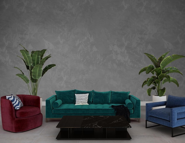 cozy modern living room interior have sofa and plant with empty wall mockup