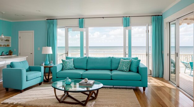 A cozy modern living room in a penthouse apartment with a blue sofa bed and loveseat