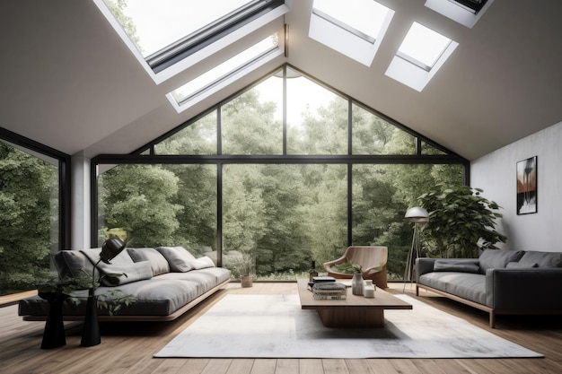 Cozy and modern living room with skylight View of the forest outside Generative AI