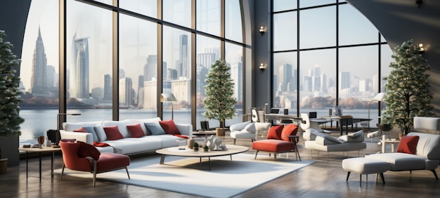 Cozy modern spacious office room with panoramic windows with a Christmas tree
