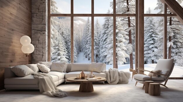 Уютный современный интерьер зимней гостиной с современным камином в шале Design ai