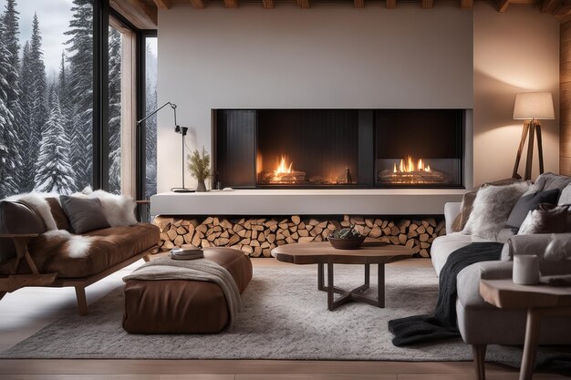 Cozy modern winter living room interior with a modern fireplace in a chalet