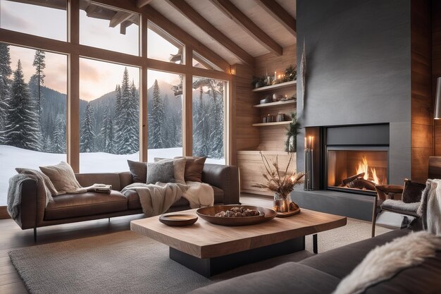 Cozy modern winter living room interior with a modern fireplace in a chalet