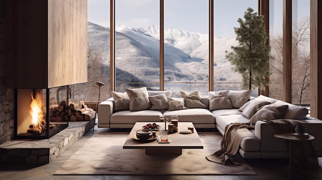 Cozy modern winter living room interior with a sofa and a modern fireplace in a chalet