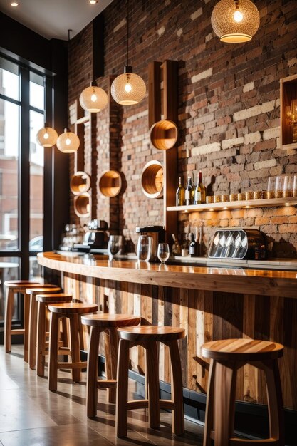 A cozy and modern wood bar nestled around an exposed brick wall showcasing