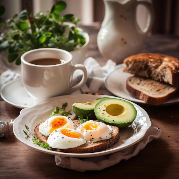 Cozy morning coffee and healthy breakfast with boiled egg avocado toast