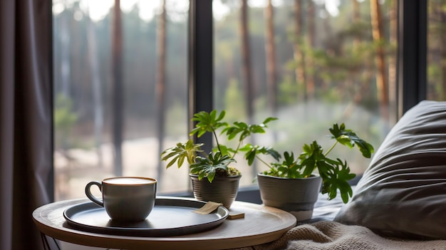 やかな 森 の 景色 を 眺める 暖かい 朝 の コーヒー