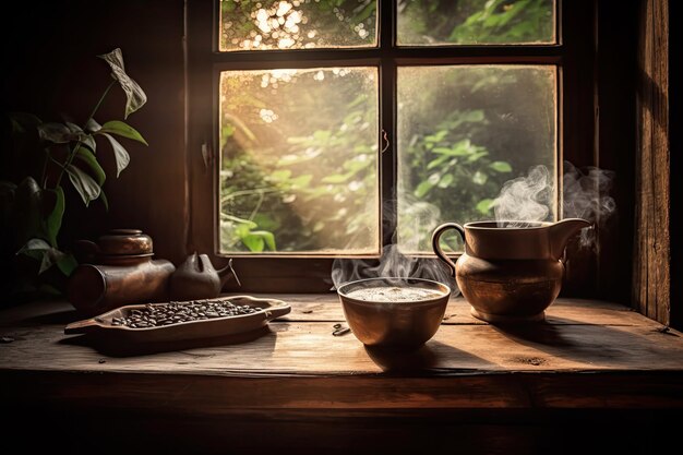 Cozy morning fresh coffee on the table garden in the background generative IA