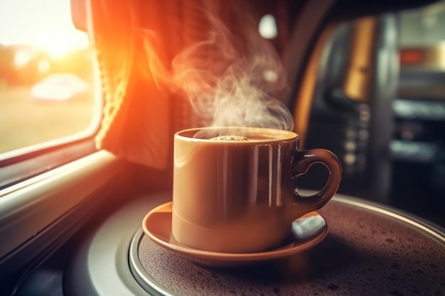 Cozy morning ritual Steaming cup of coffee in a campervan