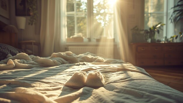 Photo cozy morning scene with a pair of slippers by a messy bed in sunlight