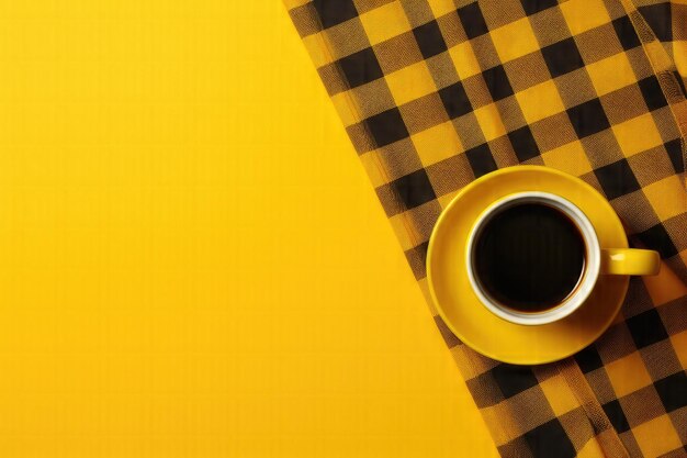 Cozy morning vibes a cup of coffee and plaid on a yellow background top view