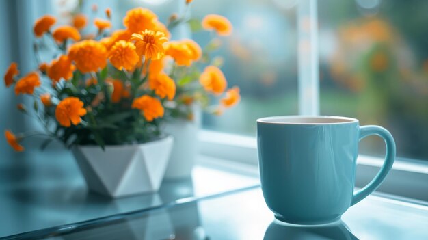 Photo a cozy morning with chamomile tea and bright marigolds by the window