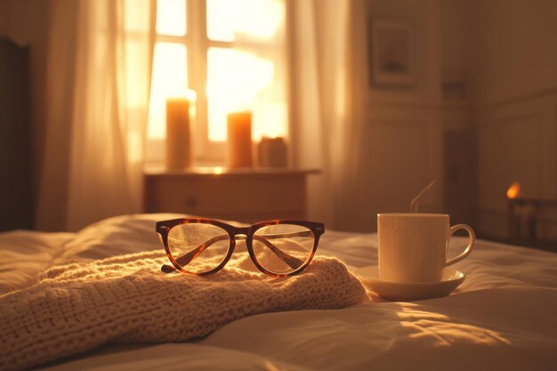 Photo cozy morning with sunlit glasses sweater and tea