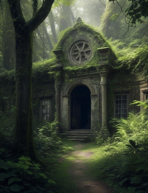 A cozy mosscovered house nestled in a dark and mysterious forest with a hint of pagan Slavic