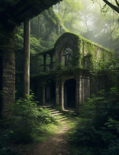 A cozy mosscovered house nestled in a dark and mysterious forest with a hint of pagan Slavic