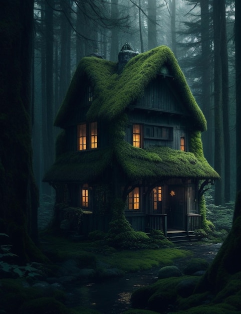 A cozy mosscovered house nestled in a dark and mysterious forest with a hint of pagan Slavic