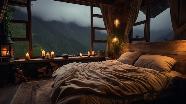 Cozy mountain bedroom with a sweeping mountain view out the window and warm cozy vibe inside