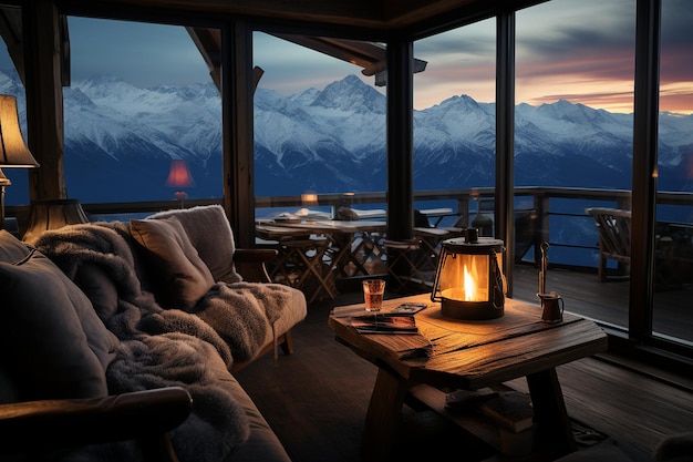 Photo cozy mountain lodge sunset wallpaper