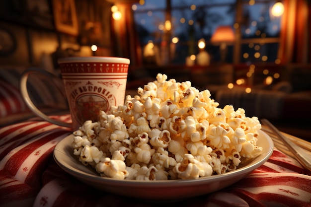 Cozy movie night essentials Photorealistic popcorn Netflix remote warm lighting ambiance