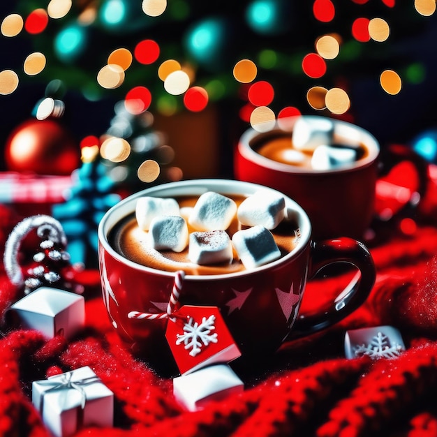 Photo a cozy mug of hot coffee drink with marshmallows and candy on a red blanket background