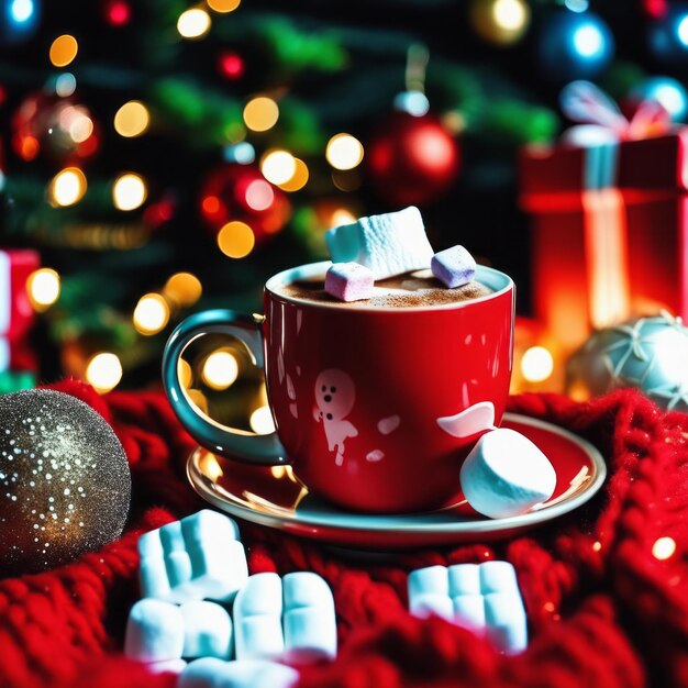 A cozy mug of hot coffee with marshmallows with candy on a red knitted blanket background