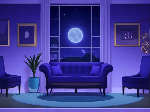 Cozy night in cartoon living room interior background