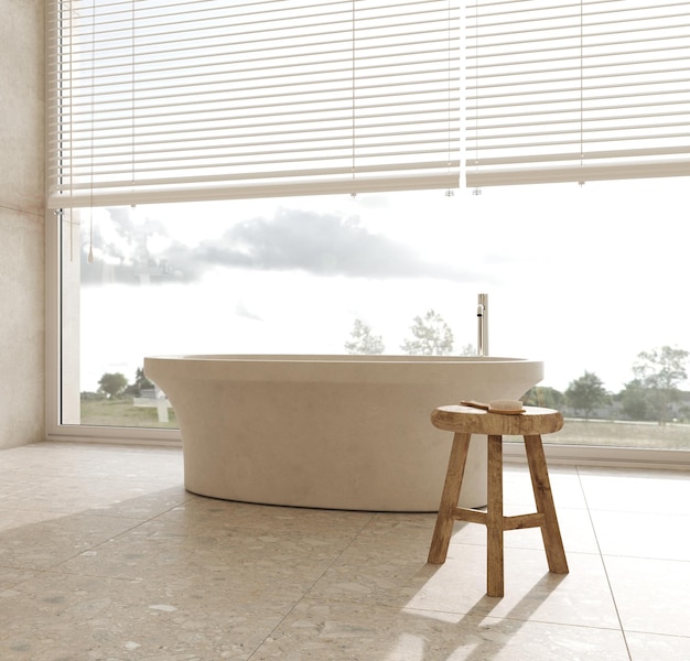 Уютный кочевой минималистский интерьер ванной комнаты в гостиничном номере с большой ванной у окна высокого качества