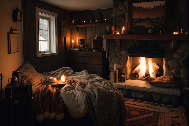 豪華な毛布の枕と暖かい暖炉のある居心地の良い隅っこ