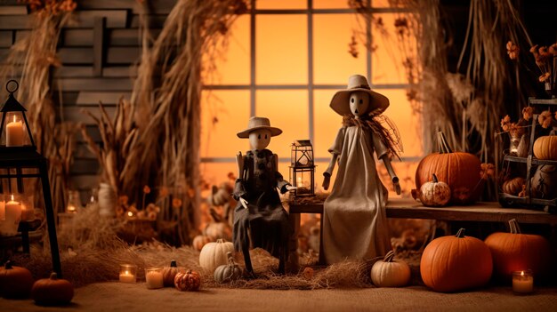 Cozy and nostalgic Halloween background with autumn decorations scarecrows ans pumpkins