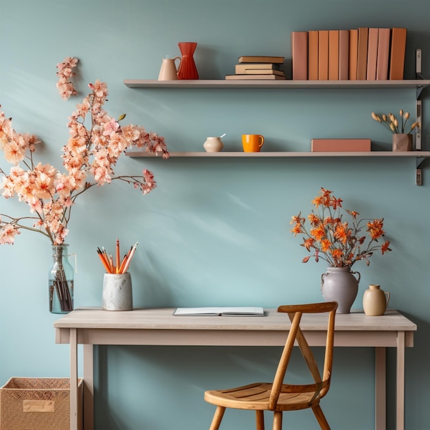 Cozy office desk interior shelving unit and spring flowers near bright wall