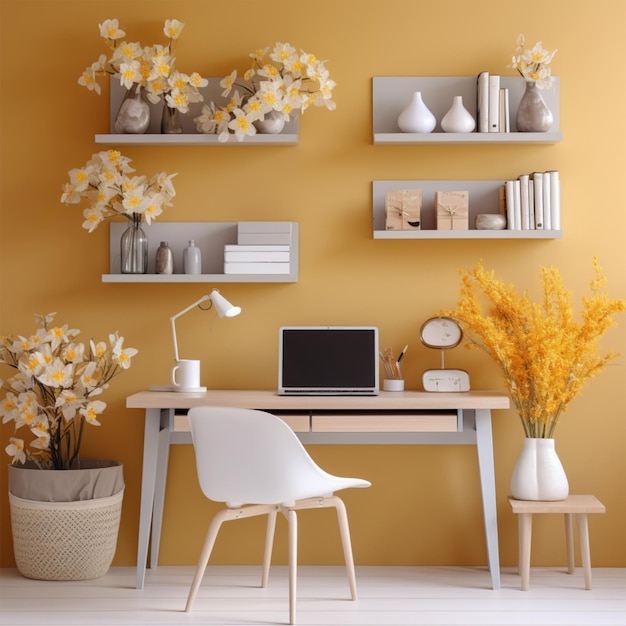 Cozy office desk interior shelving unit and spring flowers near bright wall