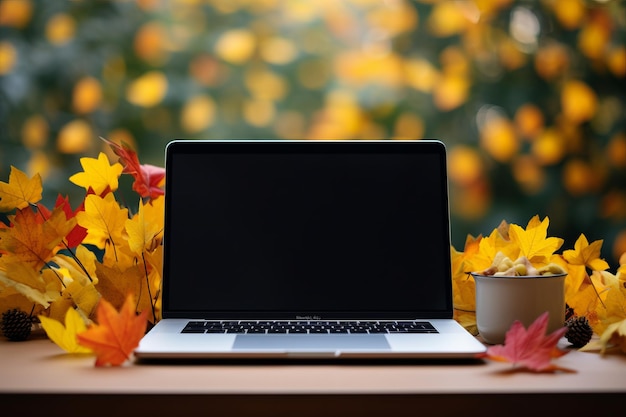 The cozy online autumn workspace a closed laptop with yellow leaves and mouse on top ar 32