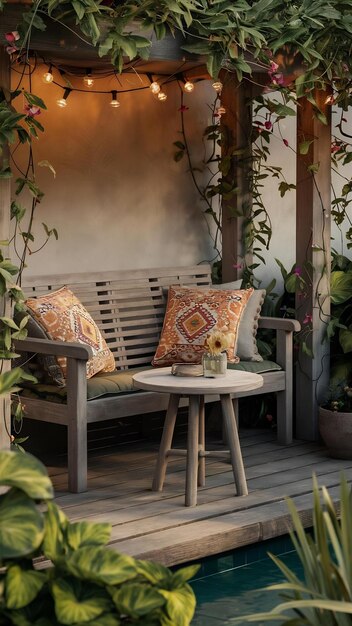Cozy outdoor bench with pillows and a table Premium AI generated image