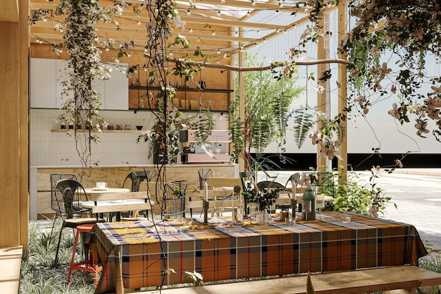 田舎 の 装飾 と 花 の アクセント を 備えた 居心地 の 良い 屋外 カフェ