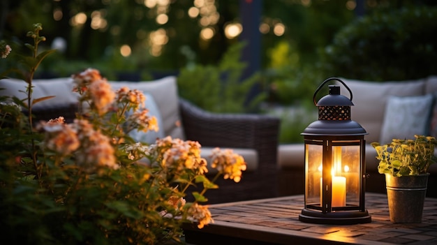 Cozy Outdoor living Living corner in the garden outside the house Summer evening on the patio or terrace