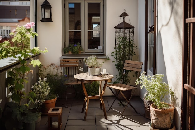 ビストロのテーブルと椅子、ランタン、鉢植えを備えた居心地の良い屋外パティオ