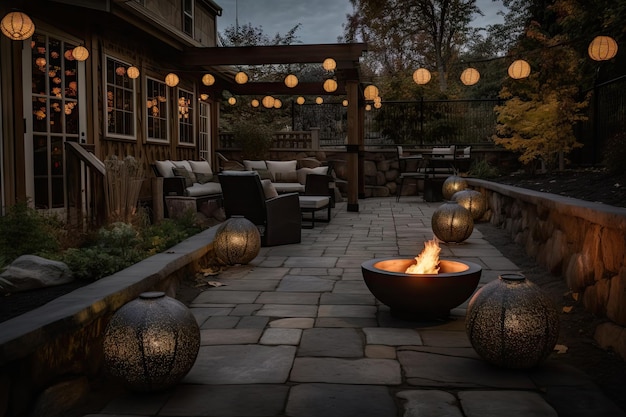 Cozy outdoor patio with fire pit and lanterns for evening entertaining