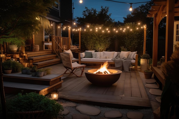 Cozy outdoor patio with fire pit and lanterns for evening entertaining