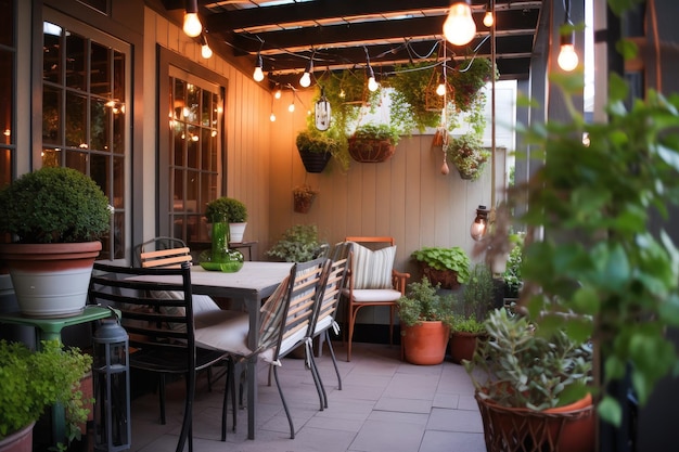 Cozy outdoor patio with hanging lanterns bistro chairs and potted plants