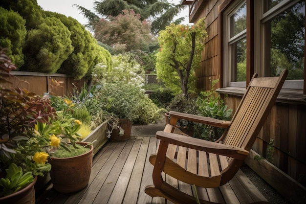 Cozy outdoor patio with rocking chair and view of the garden