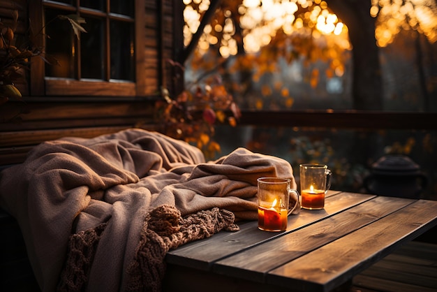 A cozy outdoor scene featuring a warm blanket candles and fallen leaves on a countryhouse terrace