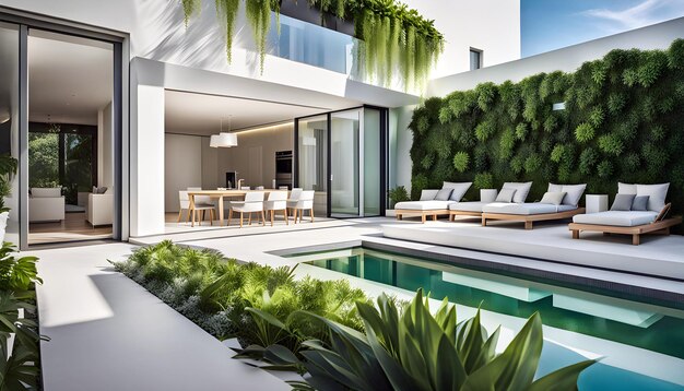 Cozy patio and small pool in a modern white residential building with walls covered with plants