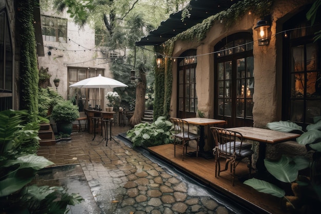 A cozy patio surrounded by greenery and a trickle of water
