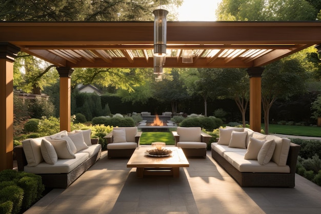 Cozy patio with sofas and a table Pergola shade over patio Generative AI