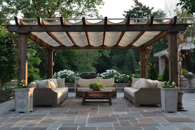 Photo cozy patio with sofas and a table pergola shade over patio