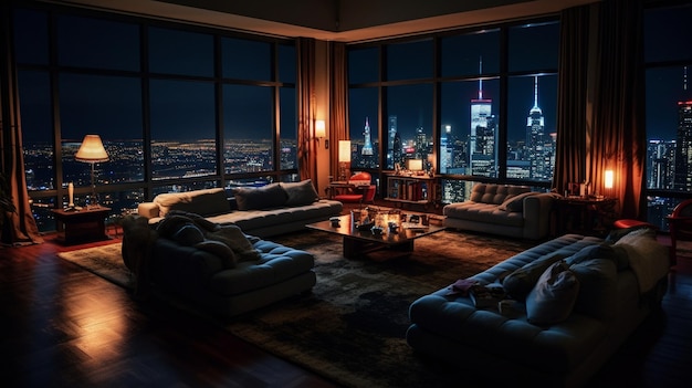 A cozy penthouse room with a view of skyscrapers