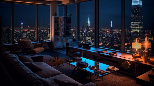 A cozy penthouse room with a view of skyscrapers