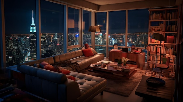 A cozy penthouse room with a view of skyscrapers